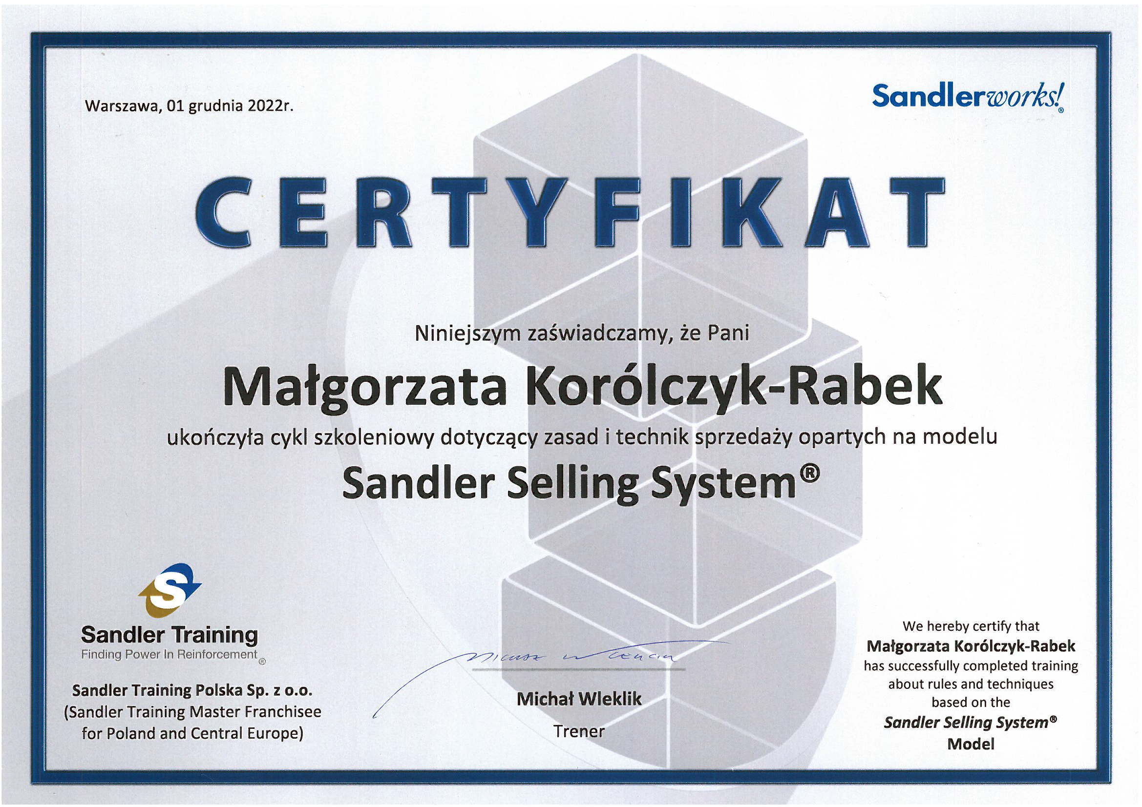 Sandler Małgorzata Korólczyk Rabek Certyfikat